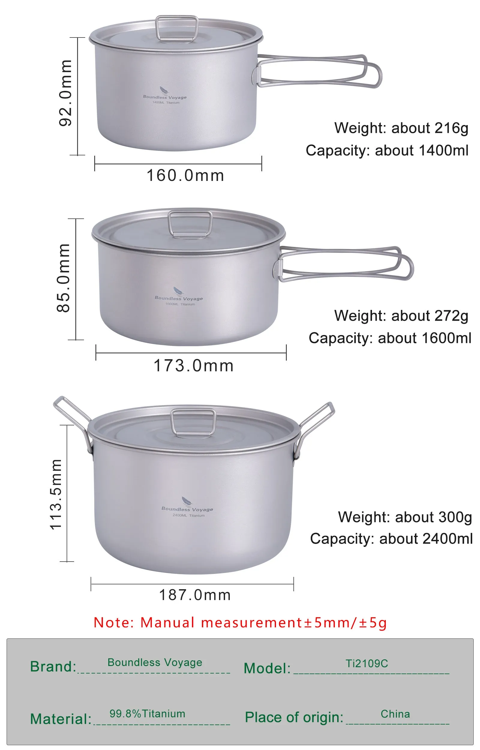 Boundless Voyage Titanium 3pcs Camping Cookware Mess Kit, Camping Cooking Set,  Portable Nonstick Camp Pots Set 1.4L 1.6L 2.4L for Outdoor Camping