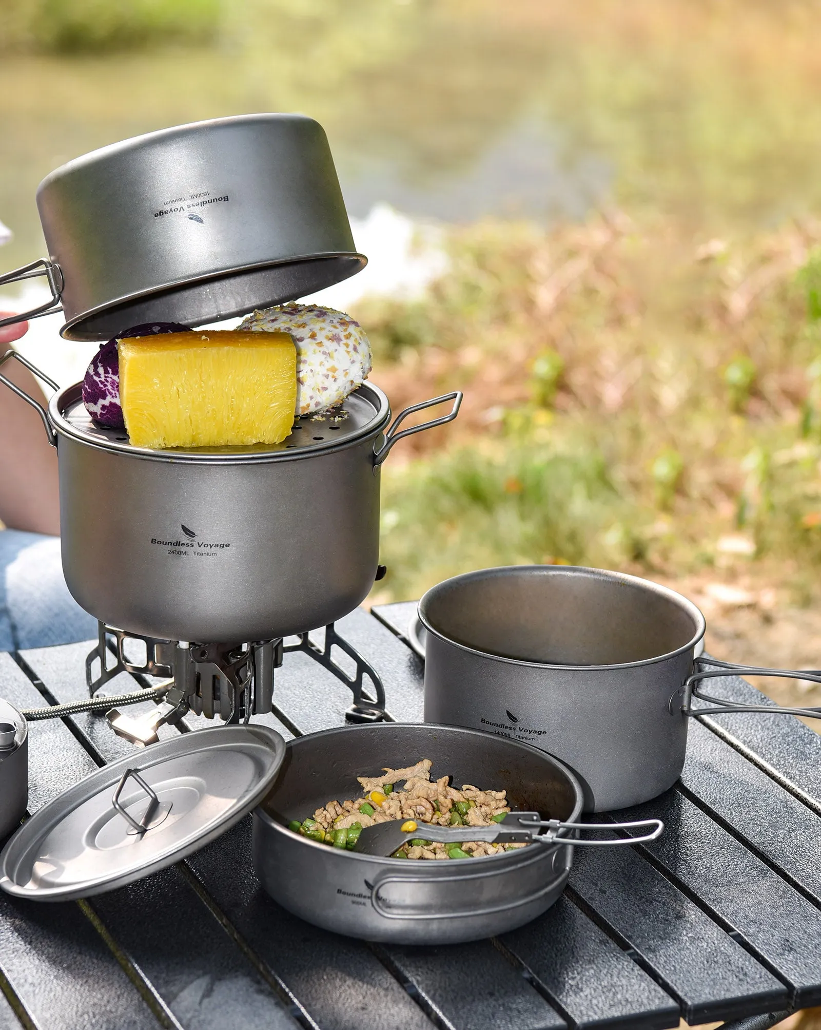 Boundless Voyage Titanium 3pcs Camping Cookware Mess Kit, Camping Cooking Set,  Portable Nonstick Camp Pots Set 1.4L 1.6L 2.4L for Outdoor Camping