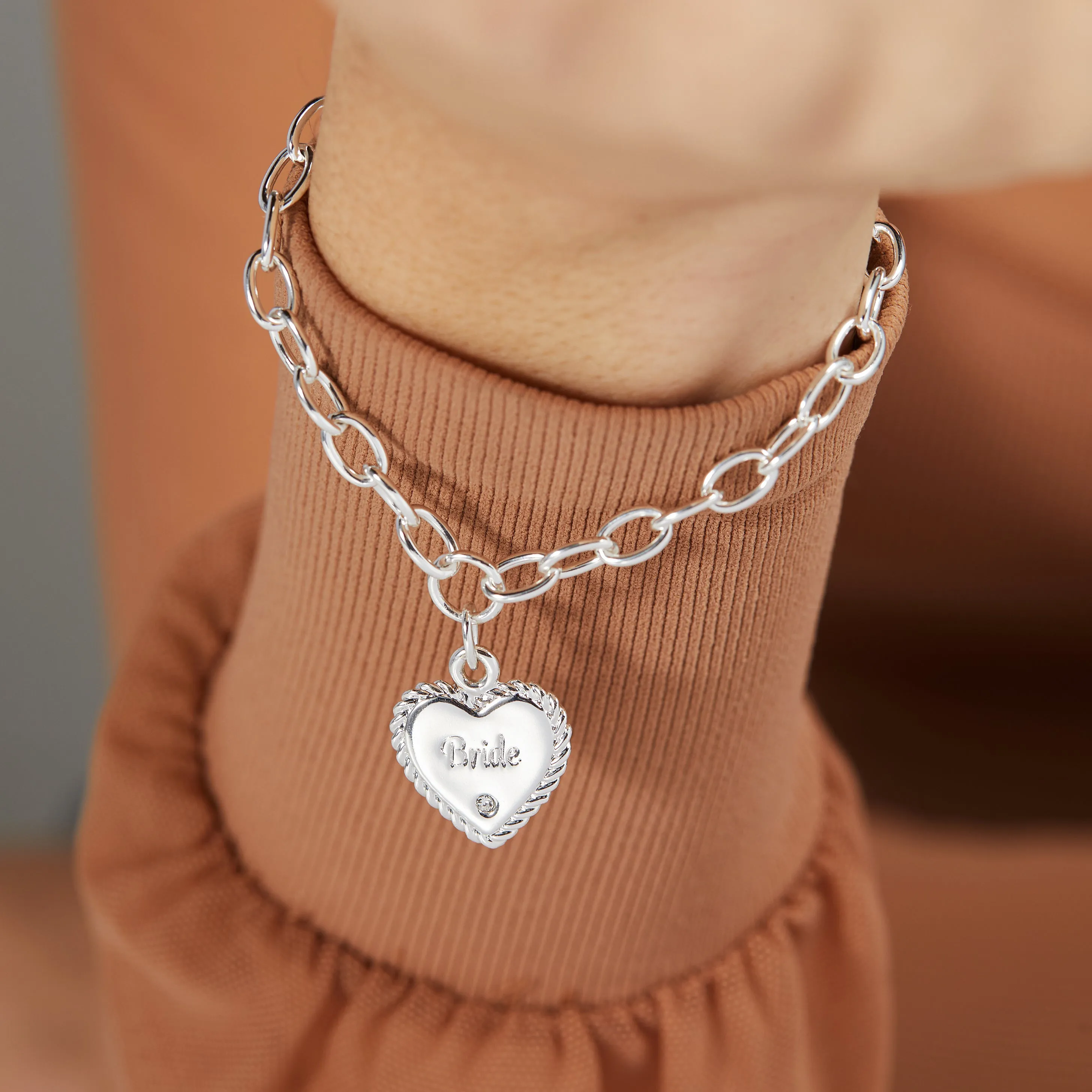 'Bride' Heart Charm Bracelet, Adjustable