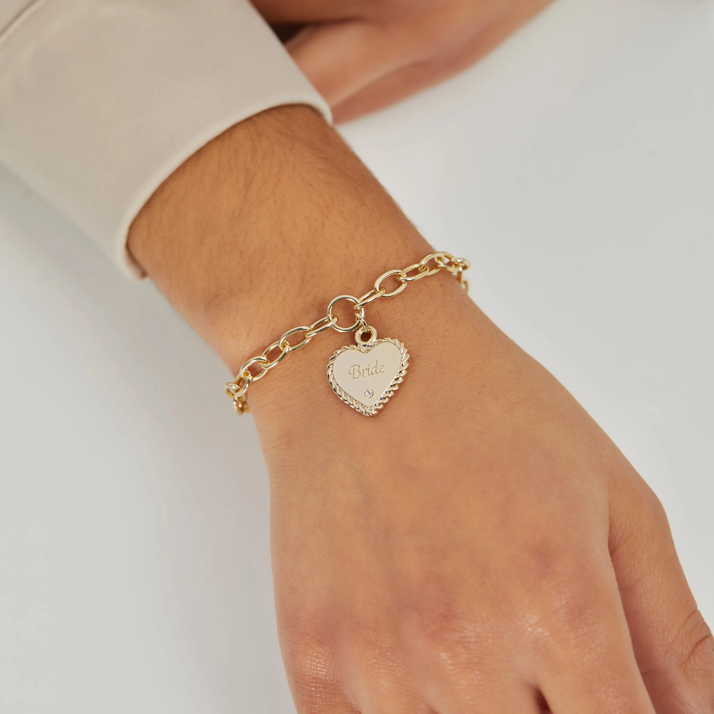 'Bride' Heart Charm Bracelet, Adjustable