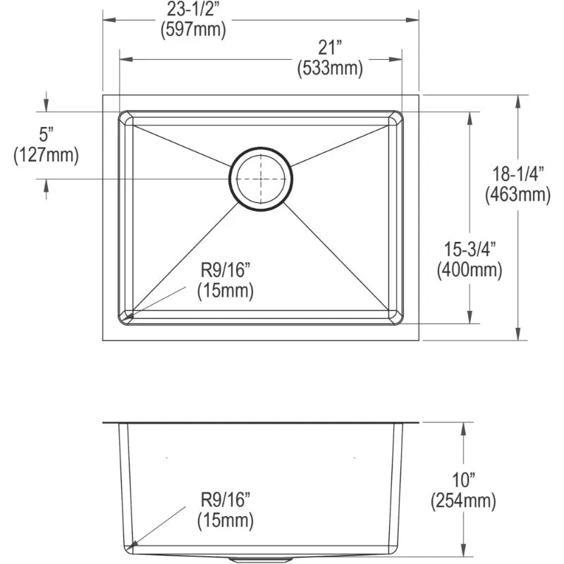 Crosstown 18.25" x 23.5" x 10" Stainless Steel Single-Basin Undermount Kitchen Sink - Tight Corners