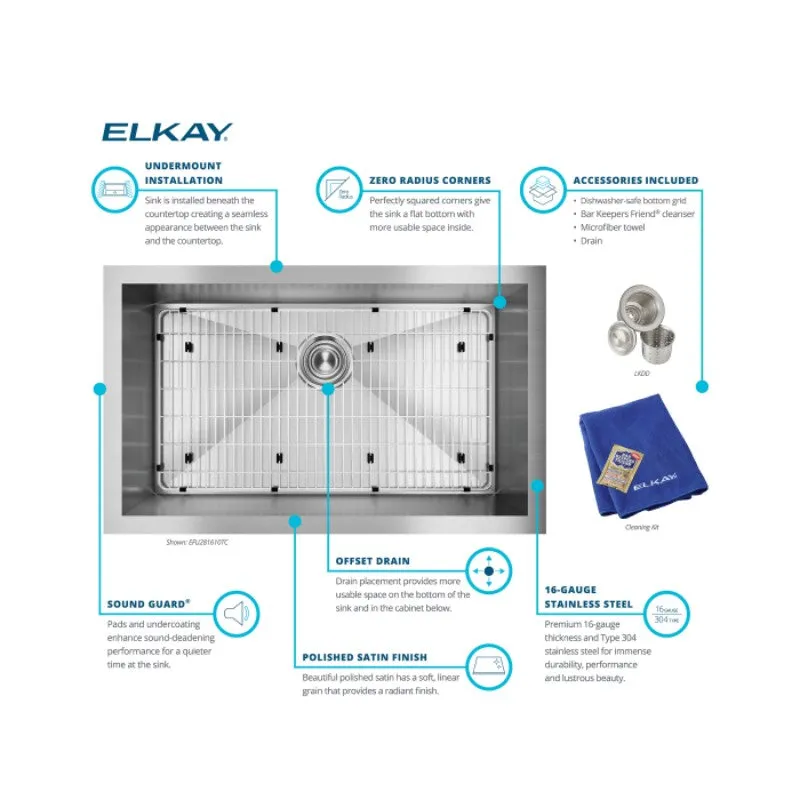 Crosstown 18.5" x 30.5" x 10" Stainless Steel Single-Basin Undermount Kitchen Sink Kit