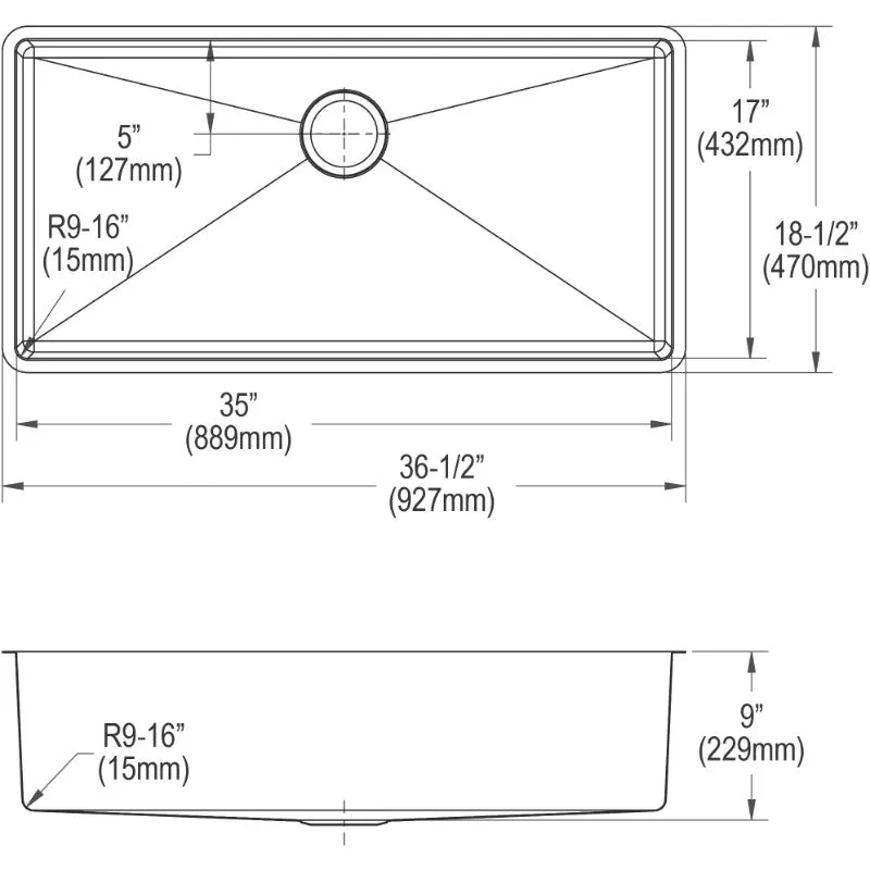 Crosstown 18.5" x 36.5" x 9" Stainless Steel Single-Basin Undermount Kitchen Sink Kit