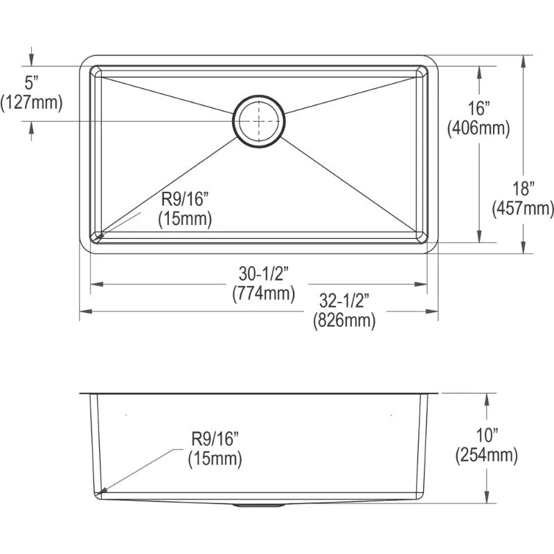 Crosstown 18" x 32.5" x 10" Stainless Steel Single-Basin Undermount Kitchen Sink Kit