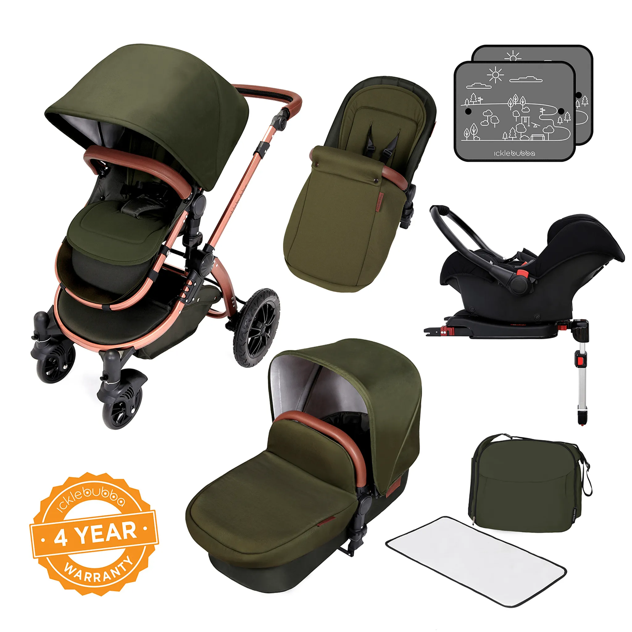 Ickle Bubba Stomp V4 Galaxy Travel System with ISOFIX Base Bronze/Woodland