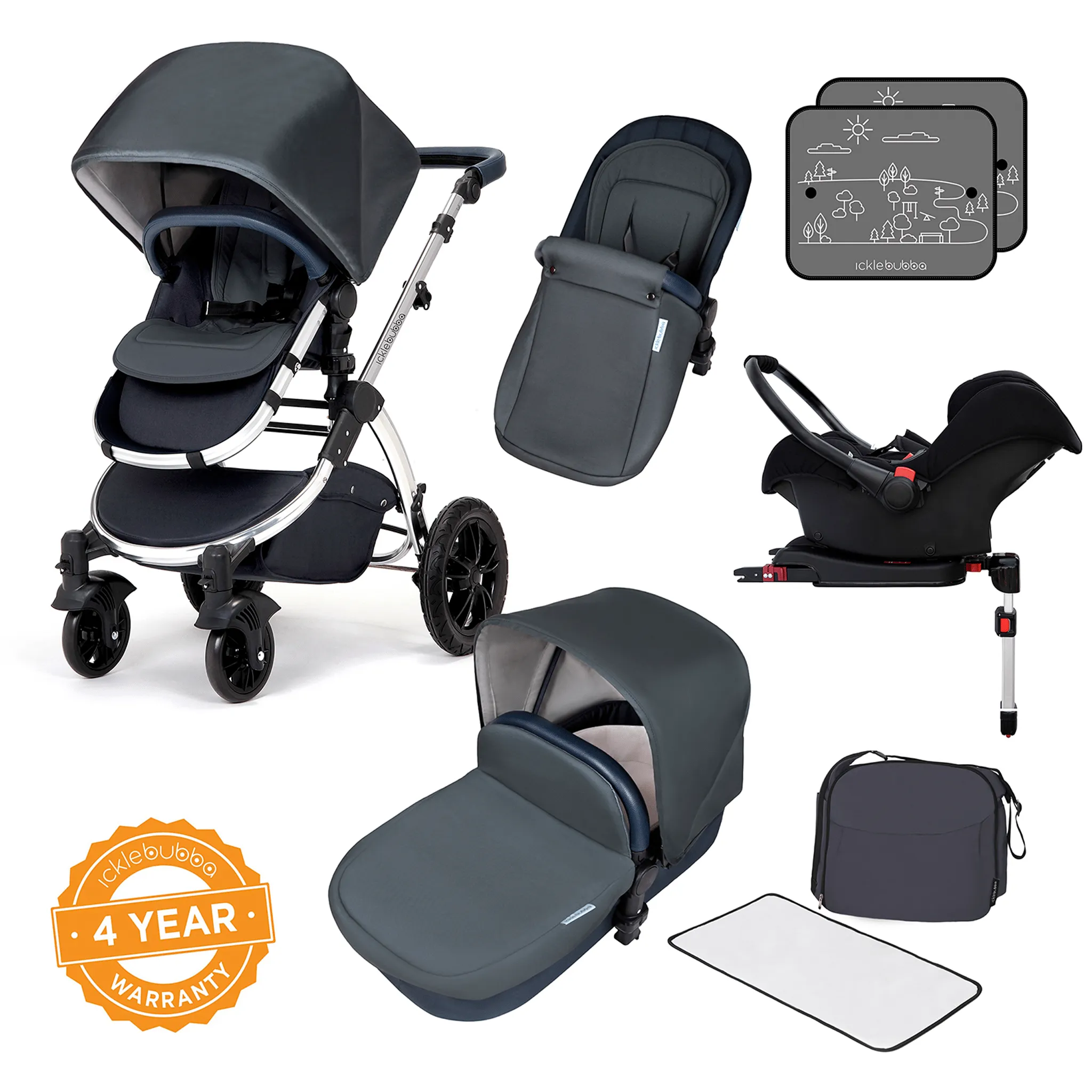 Ickle Bubba Stomp V4 Galaxy Travel System with ISOFIX Base Chrome/Blueberry