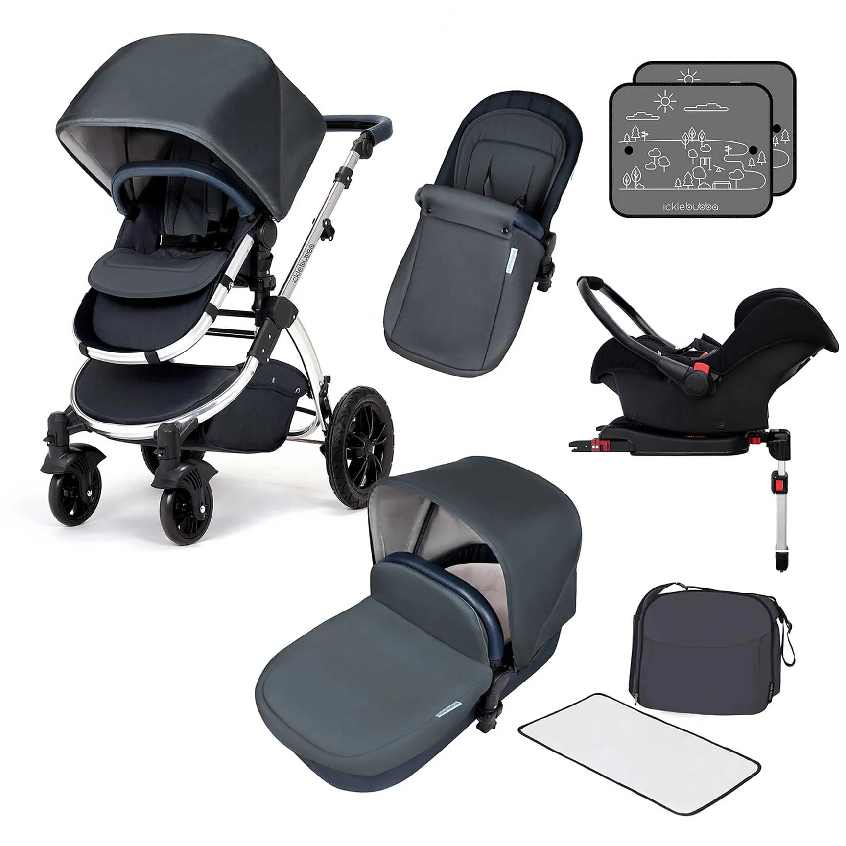 Ickle Bubba Stomp V4 Galaxy Travel System with ISOFIX Base Chrome/Blueberry