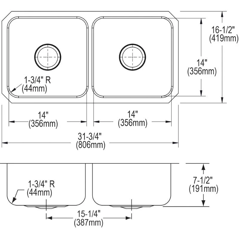 Lustertone Classic 16.5" x 31.75" x 7.5" Stainless Steel Double-Basin Undermount Kitchen Sink