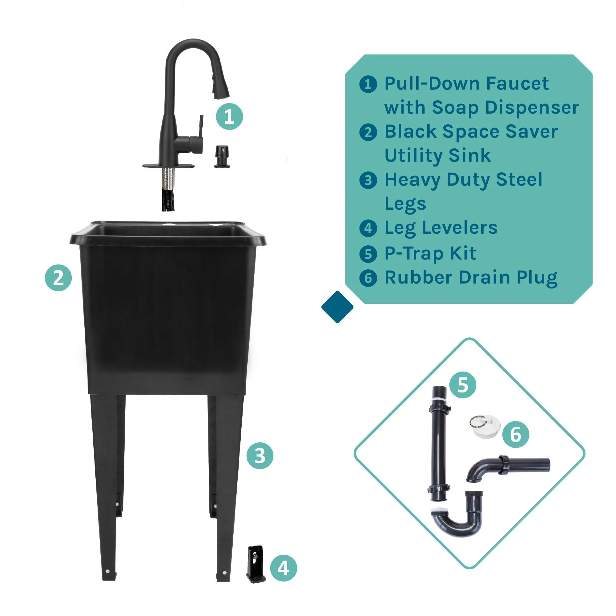 Tehila Space Saver Freestanding Black Utility Sink with Black Finish Low-Profile Pull-Down Faucet